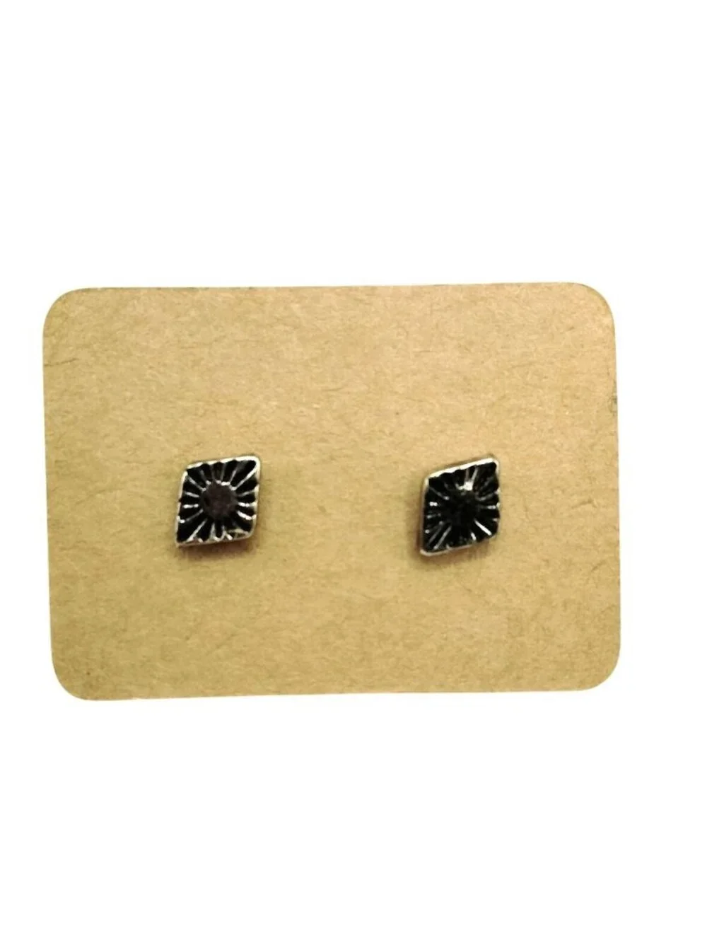 Diamond  Shape Silver Stud Earrings Sunburst Design